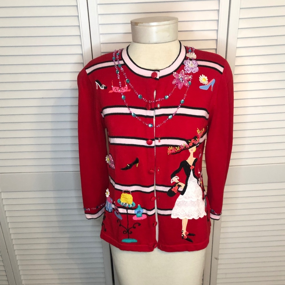 Jack B Quick Red Fashion Shop Applique Cardigan Sweater size S w/Beaded Sequins